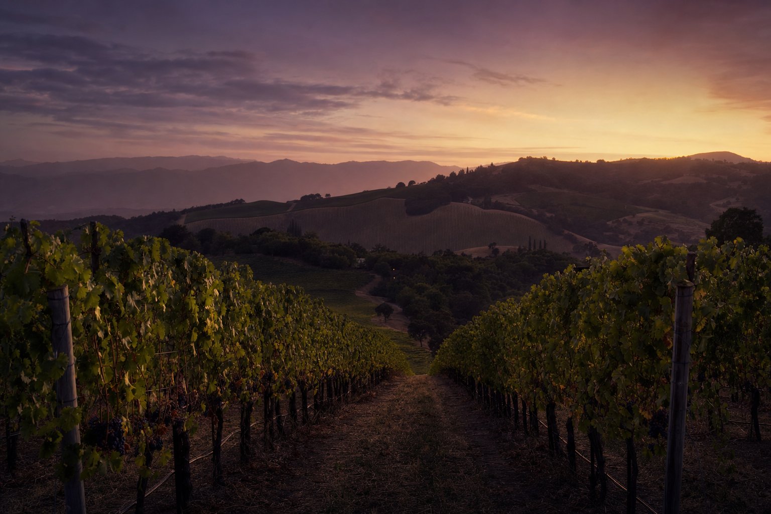 A vineyard at dusk in Healdsburg