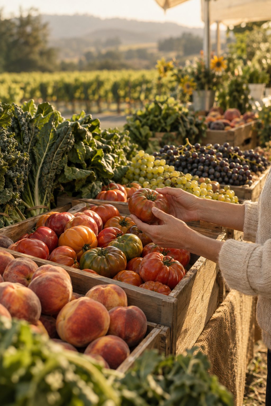 Hands choosing a heirloom tomato from wooden crates at a wine country farmers market at golden hour
