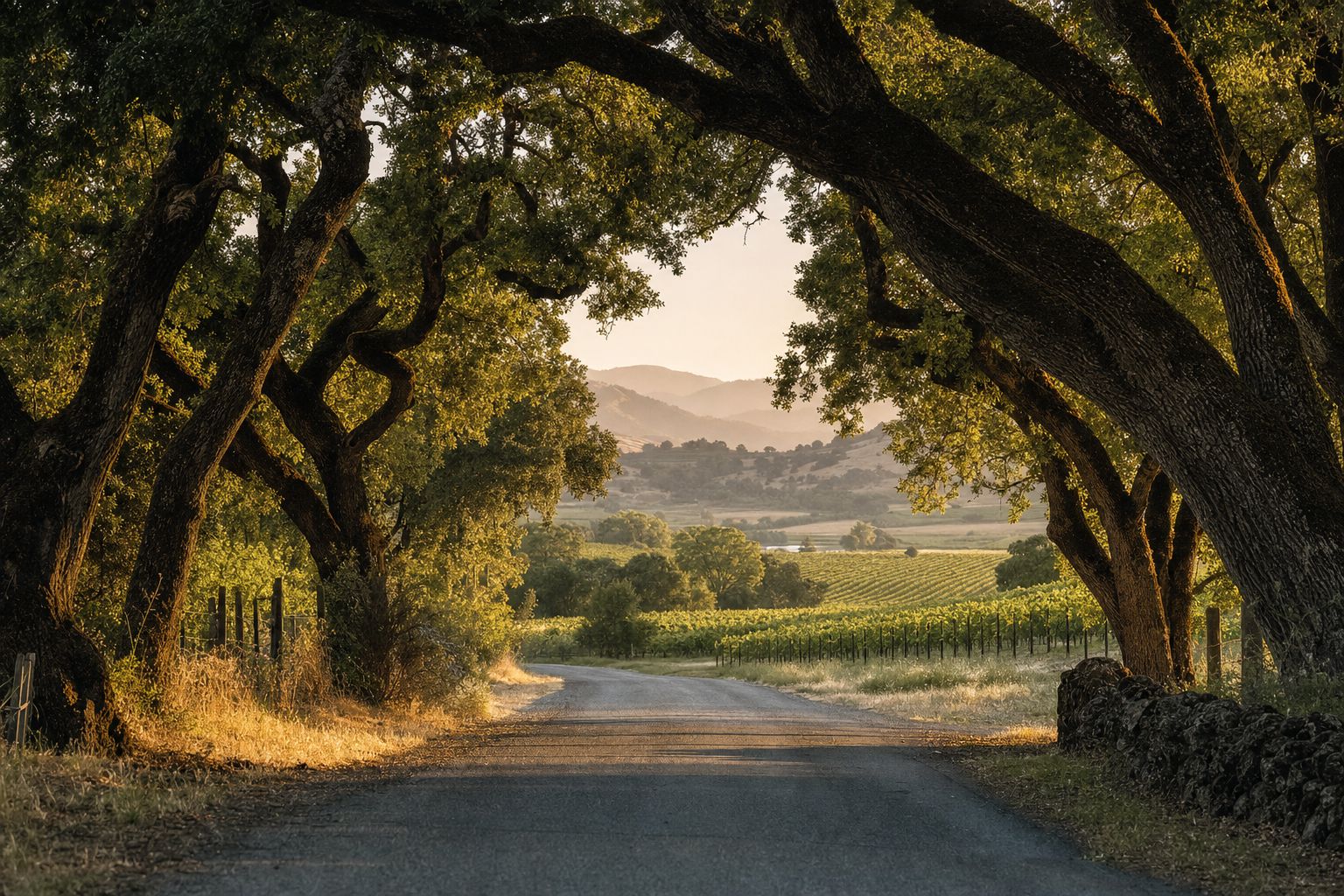 An oak-lined country road winding through Sonoma wine country