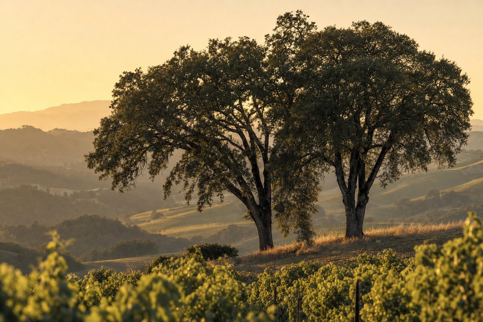 Two valley oaks above vineyard rows in Sonoma County at golden hour