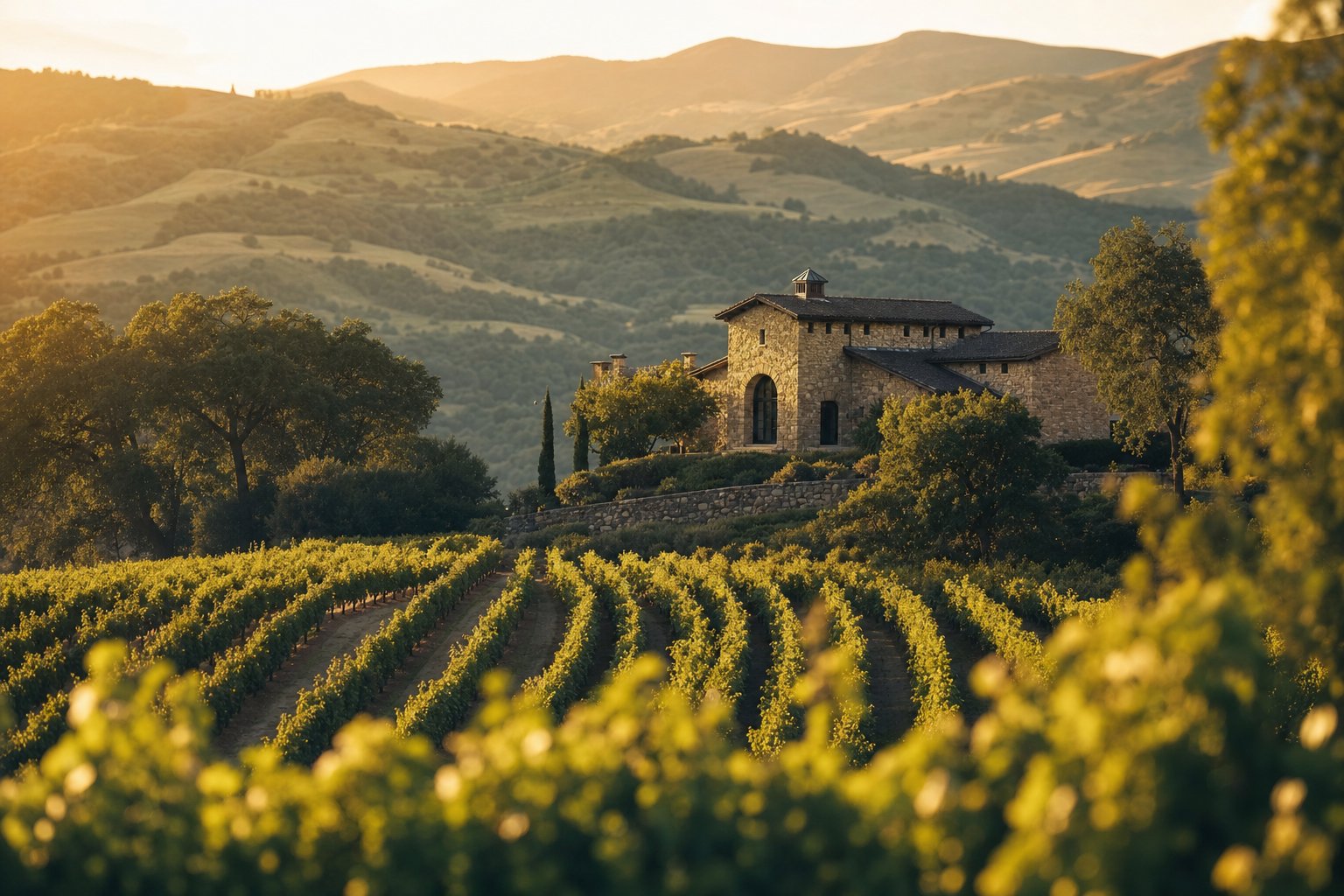 A stone winery nestled among vineyards and oaks in Sonoma County