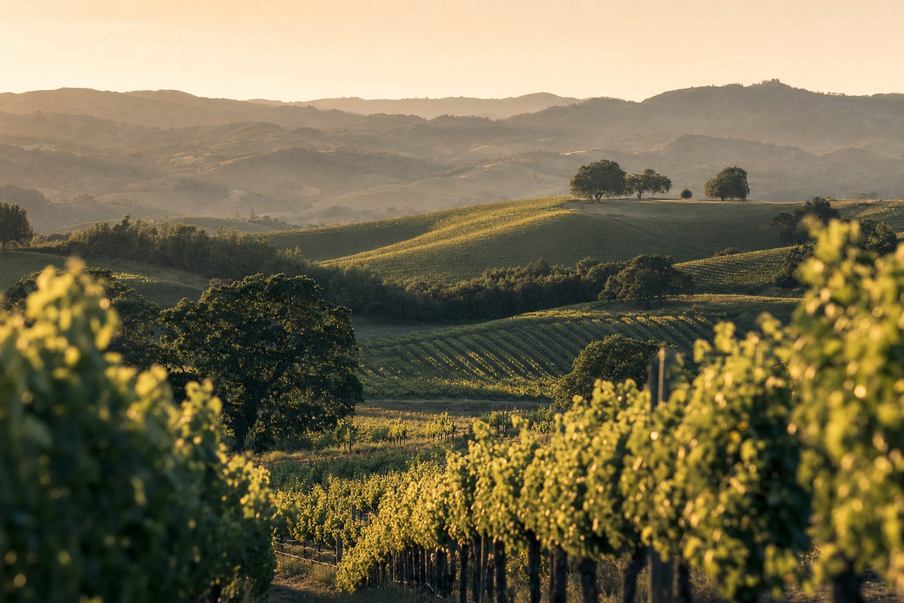 Vineyard rows on rolling hills in Healdsburg wine country at golden hour