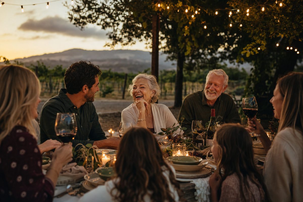 A family gathered around an outdoor dinner table in a vineyard at dusk