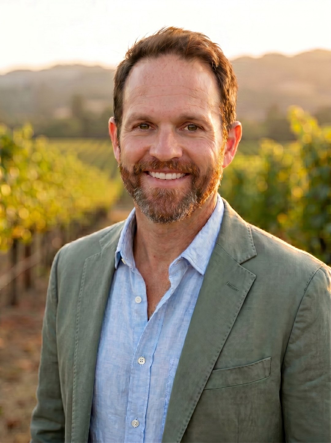 Stevan Dority, Wealth Manager at Wine Country Wealth, in a Healdsburg vineyard at golden hour