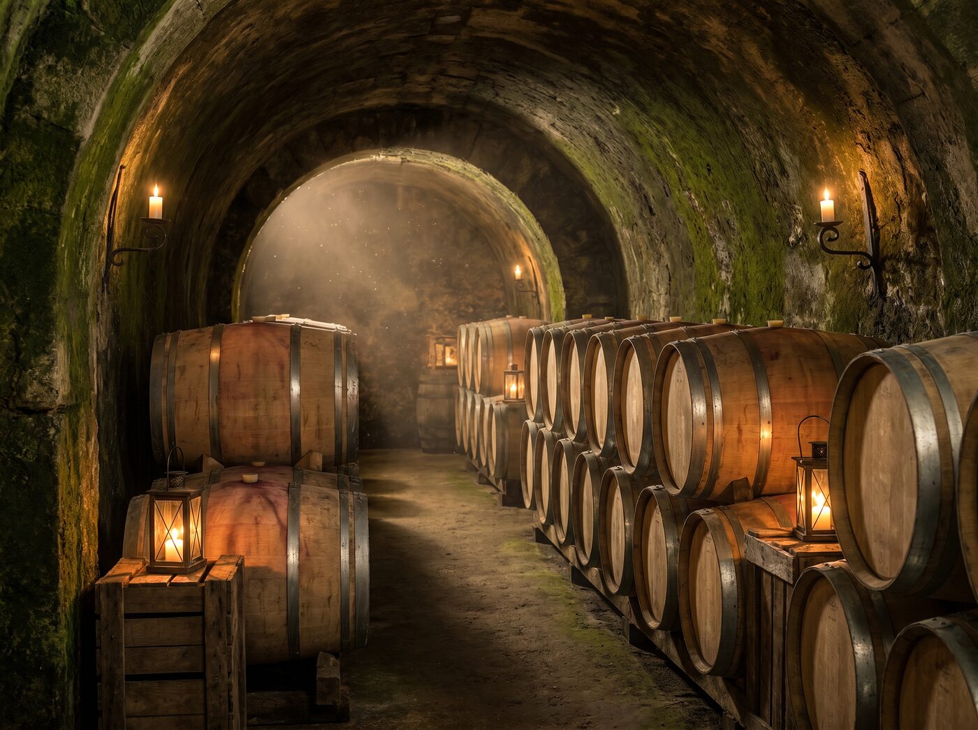 Oak wine barrels aging in a candlelit cellar