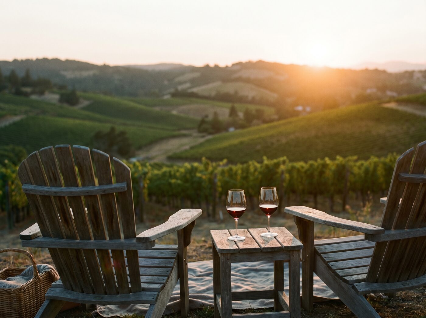 Two chairs and glasses of wine overlooking a vineyard valley at sunset